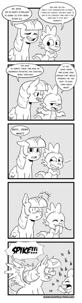 Size: 1016x3733 | Tagged: safe, artist:raph13th, derpibooru import, spike, twilight sparkle, twilight sparkle (alicorn), alicorn, dragon, pony, comic:glim glam and pals, celestial advice, black and white, blushing, comic, grayscale, hornboner, implied starburst, innuendo, laughing, monochrome, realization, spread wings, wingboner, wings