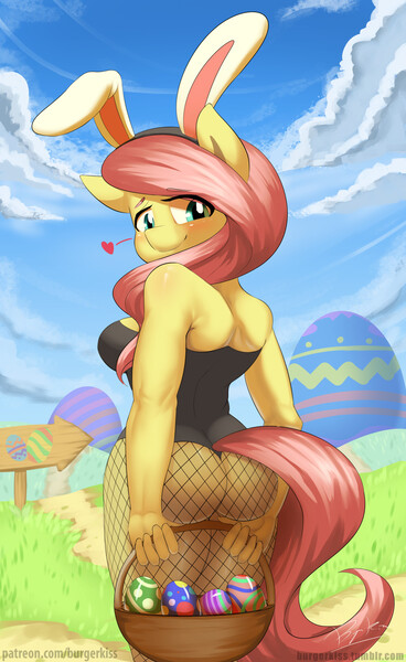 Size: 1500x2447 | Tagged: adorasexy, anthro, artist:burgerkiss, ass, basket, blushing, breasts, bunny ears, bunnyshy, bunny suit, clothes, cute, derpibooru import, easter, easter basket, easter egg, egg, female, fishnets, flutterbutt, fluttershy, heart, leotard, looking at you, looking back, looking back at you, mare, pantyhose, patreon, pegasus, playboy bunny, questionable, sexy, smiling, solo, solo female, thong leotard, wingless, wingless anthro