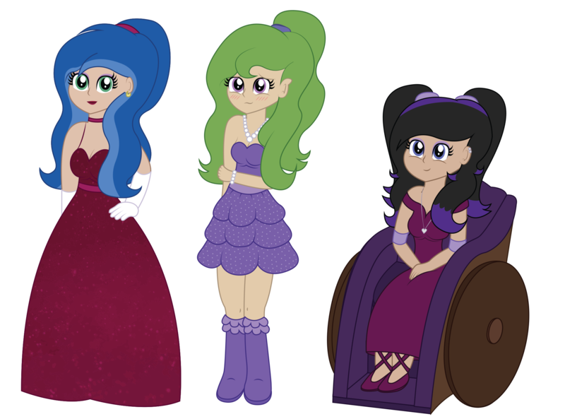 Size: 2074x1537 | Tagged: safe, artist:sketchydesign78, derpibooru import, oc, oc:graceful stroke, oc:melody shine, oc:sketchy design, unofficial characters only, equestria girls, alternate hairstyle, armband, blushing, bracelet, clothes, cute, dress, ear piercing, earring, friendship, jewelry, necklace, pearl necklace, piercing, ponytail, ponytails, prom, shy, simple background, transparent background, vector, wheelchair