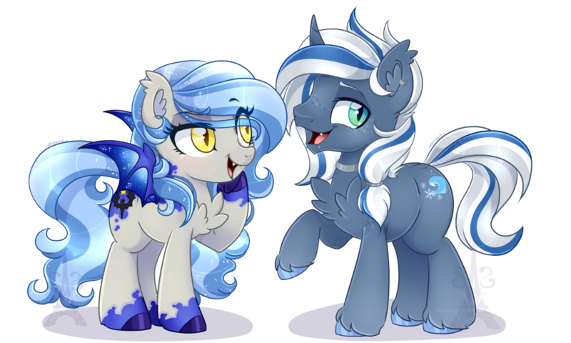 Size: 1023x614 | Tagged: safe, artist:silent-shadow-wolf, derpibooru import, oc, oc:coastal frost, oc:midnight radiance, unofficial characters only, bat pony, bat pony unicorn, hybrid, pony, unicorn, chest fluff, colored pupils, duo, fangs, female, male, mare, simple background, smiling, stallion, transparent background
