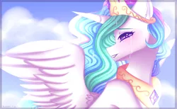 Size: 3584x2212 | Tagged: safe, artist:kurochhi, derpibooru import, princess celestia, alicorn, pony, cloud, crown, crying, female, jewelry, looking back, mare, regalia, sky, smiling, solo