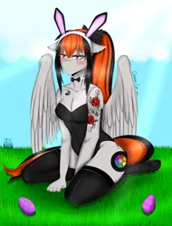 Size: 1280x1684 | Tagged: anthro, anthro oc, artist:cannoncar, blushing, bowtie, breasts, bunny ears, bunny suit, cleavage, clothes, derpibooru import, easter, easter egg, female, leotard, mare, oc, oc:cannon car, pegasus, scar, solo, solo female, stockings, suggestive, thigh highs, unamused, unguligrade anthro, unofficial characters only