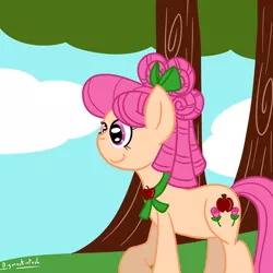 Size: 3000x3000 | Tagged: safe, artist:bigmackintosh, derpibooru import, apple rose, earth pony, pony, 30 minute art challenge, apple family, cloud, cutie mark, female, mare, smiling, solo, tree, younger