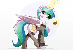 Size: 2000x1367 | Tagged: safe, artist:ncmares, derpibooru import, princess celestia, alicorn, pony, argyle, cake, cakelestia, clothes, cutie mark, food, magic, plot, raised hoof, simple background, socks, solo, sunbutt, telekinesis, white background