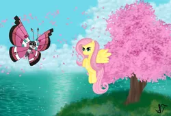 Size: 1600x1080 | Tagged: safe, artist:silversthreads, derpibooru import, fluttershy, oc, oc:cherry blossom, pegasus, pony, vivillon, crossover, female, floating, looking at each other, mare, ocean, pokémon, spread wings, wings