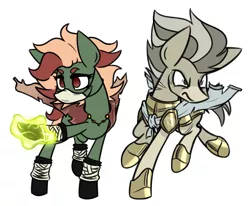 Size: 2065x1702 | Tagged: safe, artist:nekro-led, derpibooru import, oc, oc:dogwood, oc:ironside, unofficial characters only, earth pony, pony, armor, bandage, cape, clothes, earth pony magic, necromancer, scar