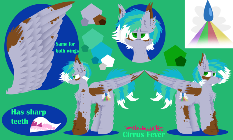 Size: 3000x1800 | Tagged: safe, artist:vanillaswirl6, derpibooru import, oc, oc:cirrus fever, unofficial characters only, pegasus, pony, cutie mark, fluffy, male, markings, multicolored hair, profile, reference sheet, sharp teeth, signature, spots, stallion, teeth