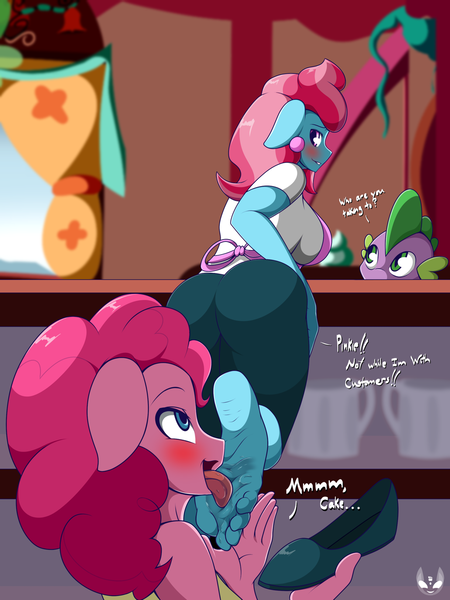 Size: 959x1280 | Tagged: questionable, artist:bronypanda, derpibooru import, cup cake, pinkie pie, spike, anthro, dragon, plantigrade anthro, apron, ass, barefoot, blushing, breasts, clothes, commission, feet, female, fetish, floppy ears, foot fetish, foot worship, lesbian, licking, licking foot, milf, no tail, shoes, soles, sugarcube corner, toes, tongue out, unaware