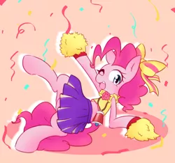 Size: 4335x4063 | Tagged: safe, artist:akainu_pony, derpibooru import, pinkie pie, pony, all bottled up, absurd resolution, bow, cheerleader, cheerleader pinkie, clothes, cute, diapinkes, midriff, one eye closed, pleated skirt, pom pom, skirt, skirt lift, solo, wink