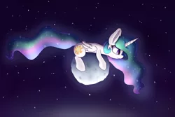 Size: 1280x853 | Tagged: safe, artist:heir-of-rick, derpibooru import, princess celestia, princess luna, alicorn, pony, macro, micro, moon, pony bigger than a planet, prone, size difference, solo, space, tangible heavenly object