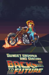 Size: 225x340 | Tagged: artist:zedotagger, back to the future, crossover, derpibooru import, discord, fanfic, fanfic art, fanfic cover, fire, marty mcfly, motorcycle, pixel art, safe, sunset shimmer