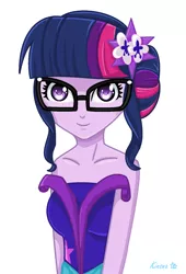 Size: 1094x1610 | Tagged: safe, artist:lovelygirlmusicer, derpibooru import, sci-twi, twilight sparkle, equestria girls, legend of everfree, clothes, crystal gala, crystal gala dress, dress, female, flower, flower in hair, glasses, heart eyes, simple background, smiling, solo, white background, wingding eyes