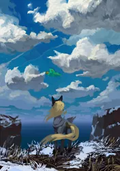 Size: 699x992 | Tagged: source needed, safe, artist:quiet-victories, derpibooru import, derpy hooves, pegasus, pony, cloud, female, futurama, looking away, looking up, mare, ocean, rear view, scenery, sky, solo, spaceship, windswept mane