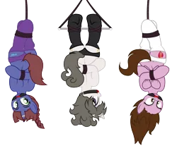 Size: 3730x3140 | Tagged: artist:digiqrow, ballgag, bondage, clothes, derpibooru import, female, females only, gag, hanging, hanging upside down, horn ring, hung upside down, magic suppression, oc, oc:ditzy theory, oc:love beat, oc:solaria, panties, plot, rope, semi-anthro, simple background, stockings, suggestive, suspended, thigh highs, transparent background, underhoof, underwear, unofficial characters only, upside down, vector