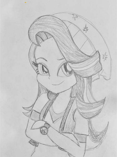 Size: 640x858 | Tagged: safe, artist:djzapapple, derpibooru import, starlight glimmer, equestria girls, mirror magic, spoiler:eqg specials, beanie, clothes, crossed arms, female, hat, monochrome, sketch, smiling, solo, traditional art, watch