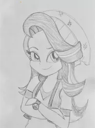 Size: 640x858 | Tagged: safe, artist:djzapapple, derpibooru import, starlight glimmer, equestria girls, mirror magic, spoiler:eqg specials, beanie, clothes, crossed arms, female, hat, monochrome, sketch, smiling, solo, traditional art, watch