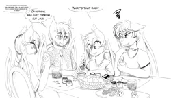 Size: 2100x1200 | Tagged: safe, artist:replica, derpibooru import, oc, oc:nectarine wynne, oc:nightseeker, oc:nolegs, oc:vigil, unofficial characters only, anthro, bat pony, anthro oc, chair, dialogue, easter, easter egg, family, female, grayscale, lampshade hanging, licking, licking lips, lineart, loss (meme), male, mare, monochrome, painting, raised eyebrow, sitting, sketch, smiling, speech bubble, stallion, table, tongue out, wygil