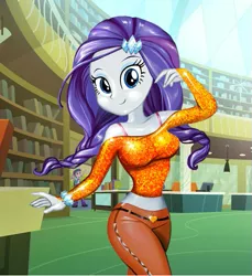 Size: 479x524 | Tagged: suggestive, artist:kimpossiblelove, derpibooru import, rarity, spike, twilight sparkle, dog, equestria girls, alternate hairstyle, belly button, breasts, busty rarity, canterlot high, clothes, dress, female, fynsy, library, midriff, pants, solo female, spike the dog