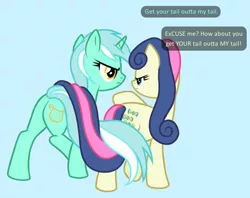 Size: 756x598 | Tagged: artist needed, safe, artist:anonymous, derpibooru import, bon bon, lyra heartstrings, sweetie drops, earth pony, pony, unicorn, 4chan, angry, bon bon is not amused, dialogue, drawthread, duo, eye contact, female, frown, intertwined tails, looking at each other, lyra is not amused, mare, simple background, unamused