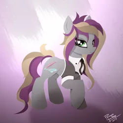 Size: 1250x1250 | Tagged: safe, artist:pedrohander, derpibooru import, oc, oc:allegoria, unofficial characters only, earth pony, pony, abstract background, clothes, cutie mark, female, mare, necktie, purple background, reference sheet, shirt, vest