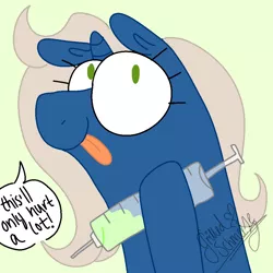 Size: 1000x1000 | Tagged: safe, artist:grilledschmeeze, derpibooru import, oc, unofficial characters only, pony, unicorn, green eyes, solo, syringe, tongue out