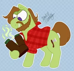 Size: 1024x986 | Tagged: artist:grilledschmeeze, axe, beard, boots, brown hair, commission, derpibooru import, facial hair, lumberjack, oc, oc:lumber jack, plaid, safe, smelly, solo, swirly eyes, unofficial characters only, weapon