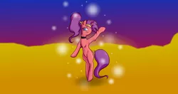 Size: 2382x1255 | Tagged: safe, artist:heavenflower, derpibooru import, oc, oc:dream dancer, unofficial characters only, genie, pony, unicorn, bipedal, blank flank, chest fluff, collar, dancing, desert, female, headband, mare, ponytail, shantae, shantae (character), solo, tail wrap