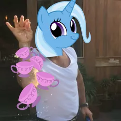 Size: 1079x1079 | Tagged: safe, derpibooru import, trixie, pony, unicorn, all bottled up, cup, faic, female, mare, salt bae, smirk, teacup, that pony sure does love teacups, twiface
