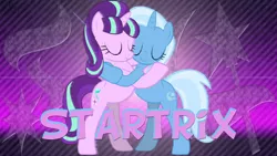 Size: 1920x1080 | Tagged: safe, derpibooru import, starlight glimmer, trixie, pony, unicorn, all bottled up, female, hug, lesbian, mare, shipping, startrix, text, wallpaper