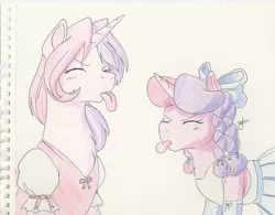 Size: 1990x1552 | Tagged: safe, artist:goat train, deleted from derpibooru, derpibooru import, oc, oc:gloomy, oc:marker pony, unofficial characters only, pony, unicorn, 4chan, babscon, bow, clothes, dress, duo, tongue out, traditional art