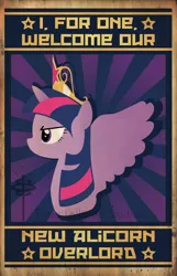 Size: 1600x2491 | Tagged: safe, artist:teslalollipop, derpibooru import, twilight sparkle, twilight sparkle (alicorn), alicorn, pony, big crown thingy, bust, crown, i for one welcome our new overlords, jewelry, kent brockman, propaganda, regalia, solo, spread wings, wings