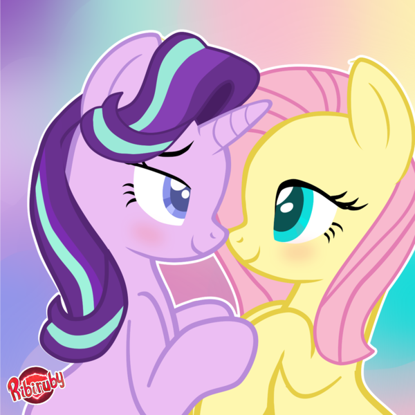 Size: 1280x1280 | Tagged: safe, artist:ribiruby, derpibooru import, fluttershy, starlight glimmer, pegasus, pony, unicorn, blushing, colored pupils, female, glimmershy, lesbian, looking at each other, mare, shipping, smiling