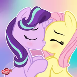 Size: 1280x1280 | Tagged: safe, alternate version, artist:ribiruby, derpibooru import, fluttershy, starlight glimmer, pegasus, pony, unicorn, blushing, eyes closed, female, glimmershy, kissing, lesbian, mare, shipping