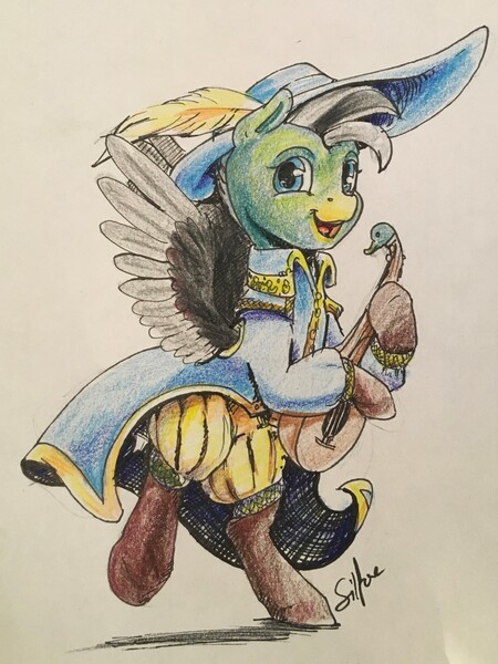 Size: 2528x3370 | Tagged: artist:silfoe, bard, colored pencil drawing, derpibooru import, duck pony, dungeons and dragons, fantasy class, lute, oc, oc:duk, safe, solo, traditional art, unofficial characters only