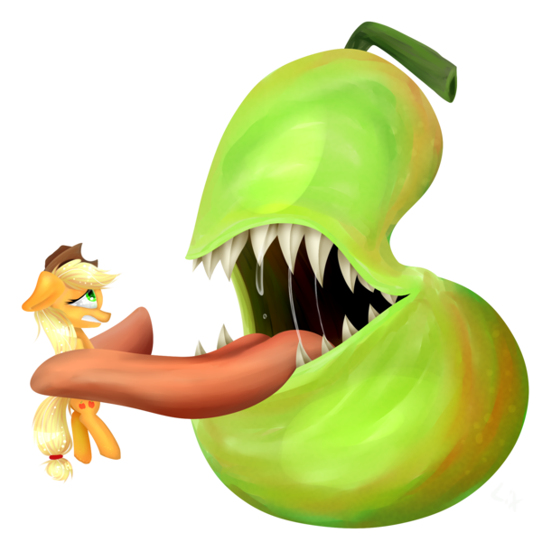 Size: 1861x1861 | Tagged: safe, artist:lixthefork, derpibooru import, applejack, earth pony, pony, biting pear of salamanca, drool, drool string, female, floppy ears, frown, gritted teeth, imminent vore, lidded eyes, lolwut, long tongue, mare, open mouth, prehensile tongue, restrained, scared, sharp teeth, simple background, teeth, tongue out, transparent background, wat, wide eyes