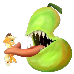 Size: 1861x1861 | Tagged: safe, artist:lixthefork, derpibooru import, applejack, earth pony, pony, biting pear of salamanca, drool, drool string, female, floppy ears, frown, gritted teeth, imminent vore, lidded eyes, lolwut, long tongue, mare, open mouth, prehensile tongue, restrained, scared, sharp teeth, simple background, teeth, tongue out, transparent background, wat, wide eyes