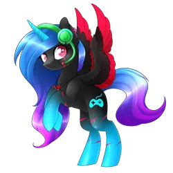 Size: 1909x1911 | Tagged: safe, artist:scarlet-spectrum, derpibooru import, oc, oc:rai, unofficial characters only, alicorn, pony, alicorn oc, colored pupils, donut steel, female, gradient hooves, gradient mane, headphones, looking at you, mare, neon, rearing, red and black oc, simple background, smiling, solo, transparent background