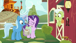Size: 480x270 | Tagged: safe, derpibooru import, screencap, granny smith, starlight glimmer, trixie, pony, all bottled up, animated, cinnamon nuts, discovery family logo, food, gif, magic override, saddle bag