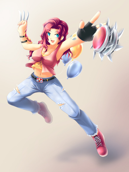 Size: 600x800 | Tagged: armpits, artist:yatonokami, belly button, breasts, claws, cleavage, clothes, commission, cutie mark, derpibooru import, dual wield, fantasy class, female, human, humanized, midriff, nail polish, pinkie pie, safe, weapon, wip, yo-yo