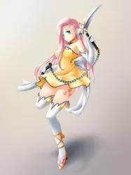 Size: 737x983 | Tagged: artist:yatonokami, clothes, commission, cutie mark, derpibooru import, dress, evening gloves, fantasy class, fluttershy, gloves, human, humanized, kusarigama, long gloves, safe, socks, solo, thigh highs, weapon, wip