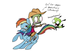 Size: 1280x905 | Tagged: safe, artist:madikatfangirl, derpibooru import, rainbow dash, pegasus, pony, backwards cutie mark, bound wings, bridle, cowboy hat, crossover, dialogue, gir, hat, invader zim, looking back, open mouth, raised hoof, reins, riding, saddle, simple background, tack, tongue out, transparent background, zim