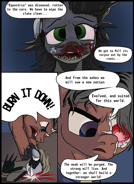 Size: 2400x3300 | Tagged: artist:aaronmk, blood, comic, comic:it has to be this way, crossover, derpibooru import, fallout equestria, grimdark, metal gear, metal gear rising, oc, oc:littlepip, oc:red eye, raiden, senator armstrong, unofficial characters only
