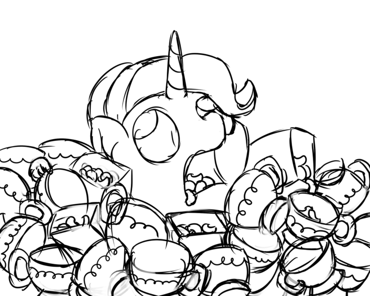 Size: 1000x800 | Tagged: safe, artist:mkogwheel, derpibooru import, starlight glimmer, pony, unicorn, all bottled up, asphyxiation, cinnamon nuts, cup, drowning, female, food, monochrome, sketch, solo, teacup