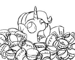 Size: 1000x800 | Tagged: safe, artist:mkogwheel, derpibooru import, starlight glimmer, pony, unicorn, all bottled up, asphyxiation, cinnamon nuts, cup, drowning, female, food, monochrome, sketch, solo, teacup