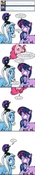 Size: 493x2415 | Tagged: safe, artist:dekomaru, derpibooru import, pinkie pie, trixie, twilight sparkle, oc, oc:midnight, oc:nyx, alicorn, pony, tumblr:ask twixie, ask, comic, crossover, female, hug, lesbian, magical lesbian spawn, offspring, parent:trixie, parent:twilight sparkle, parents:twixie, shipping, shrunken pupils, tumblr, twixie, upside down, wavy mouth