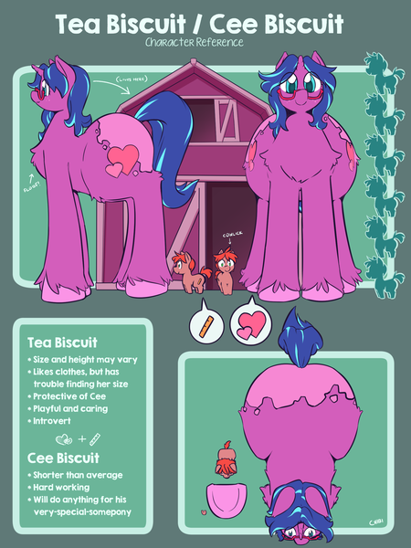 Size: 1800x2400 | Tagged: safe, artist:chibibiscuit, derpibooru import, oc, oc:cee biscuit, oc:tea biscuit, unofficial characters only, earth pony, pony, unicorn, fluffy, giant pony, macro, reference sheet, size difference, tall