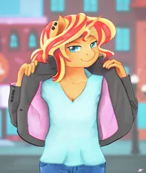 Size: 1303x1535 | Tagged: anthro, artist:shiropoint, clothes, derpibooru import, jacket, safe, solo, sunset shimmer