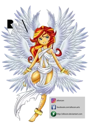 Size: 579x819 | Tagged: safe, artist:allocen, derpibooru import, sunset shimmer, lucemon, seraph, equestria girls, barefoot, clothes, cosplay, costume, crossover, digimon, feet, female, lucifer, multiple wings, simple background, solo, transparent background