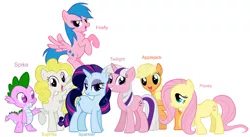 Size: 1178x645 | Tagged: safe, artist:atomiclance, derpibooru import, applejack (g1), firefly, posey, sparkler (g1), spike (g1), surprise, twilight sparkle, dragon, earth pony, pegasus, pony, unicorn, female, g1, g1 six, g1 to g4, g4, generation leap, group shot, male, mane seven, mane six, mare, recolor, simple background, what could have been, white background