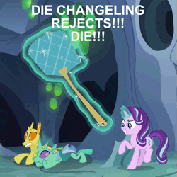 Size: 553x553 | Tagged: safe, derpibooru import, edit, edited screencap, screencap, clypeus, starlight glimmer, changedling, changeling, pony, unicorn, celestial advice, >:d, abuse, animated, disguise, disguised changeling, evil grin, fake starlight glimmer, female, flyswatter, gif, grin, loop, magic, mare, pure unfiltered evil, smiling, swatting, telekinesis